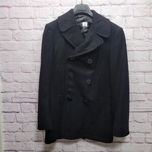 Vintage Navy Pea Coat Jacket Men 36R Wool Black Double Breasted 8405-01-154-5781